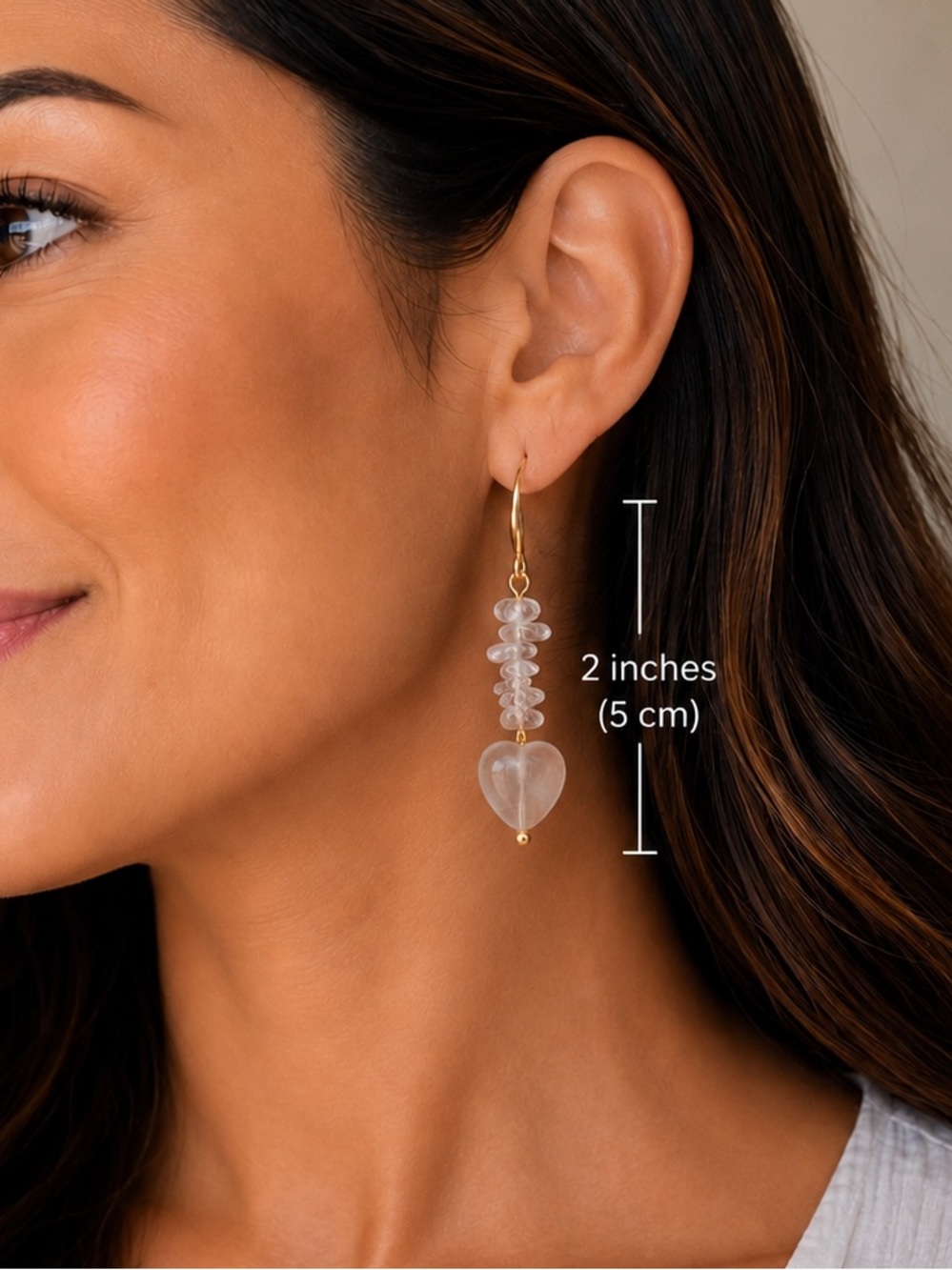 18kt Gold-Plated Heart Drop Earrings with Clear Quartz Beads